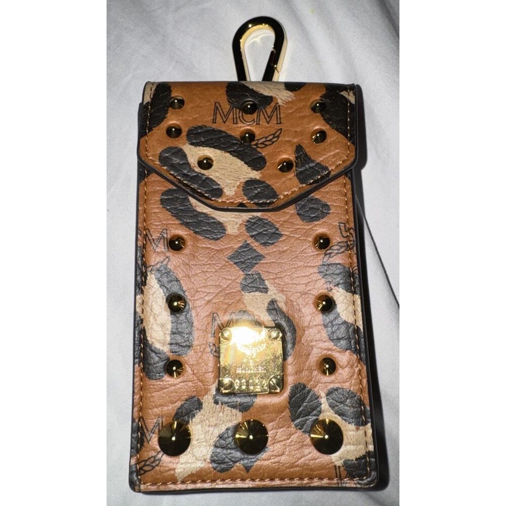 MCM Leopard Print Key Holder Card Case Gold Studded Clip Lanyard Mini Pouch - Picture 2 of 13